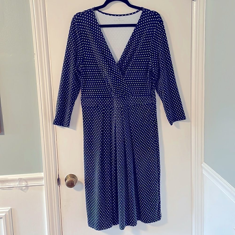 Talbots classic navy & white polka dot wrap bodice V-neck long sleeve dress 10